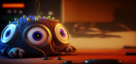 Cute video games character looking like a furry monster with big glossy eyes. Colorful lights and cartoon style. Generative aiの素材