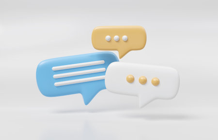 Minimalist blue and yellow speech bubbles talk icons floating over white background. Modern conversation or smooth social media messages with shadow. 3D renderingの写真素材