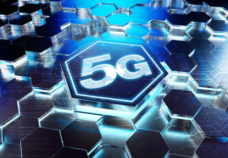 5G icon concept engraved on blue metal hexagonal pedestral background. Wireless technology glowing on abstract digital surface. 3d renderingの写真素材