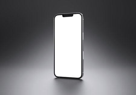 PARIS - France - March 15, 2023: Newly released Apple smartphone, Iphone 14 pro. Silver color realistic 3d rendering, front screen mobile mockup with shadow and reflection on black backgroundのeditorial素材