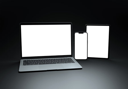 PARIS - France - September 1, 2023: Newly released Apple Macbook Air, Iphone 14, Ipad Pro, Silver color. Side view. 3d rendering laptop screen mockup on dark backgroundのeditorial素材