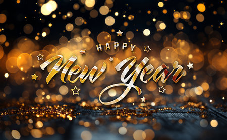 Happy New Year greetings card on sparkly background. Shiny 2024 glossy effect wishes. 3D renderingの素材