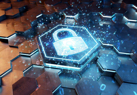 Web security icon concept engraved on blue and orange metal hexagonal pedestal background. Padlock...