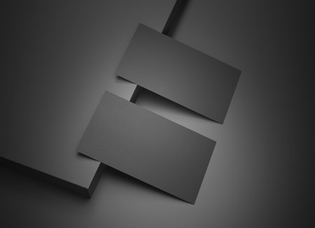 Two black business card Mockup. Textured calling card template on a dark squared surface. 3D renderingの写真素材