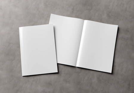 Magazine cover and open magazine mockup on gray background. Empty brochure template. 3D renderingの写真素材