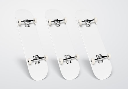 Three white skateboards mockup isolated on blank background. 3D renderingの写真素材