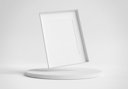 Blank photo frame mockup floating over wooden podium display. Empty picture framing on pedestal platform 3d renderingの写真素材