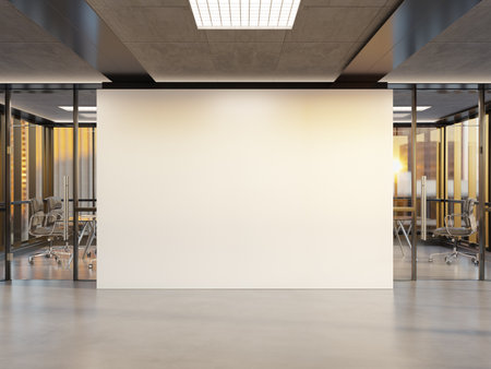 Blank wall Mockup in bright office with windows. Empty company interior at sunset 3D renderingの写真素材