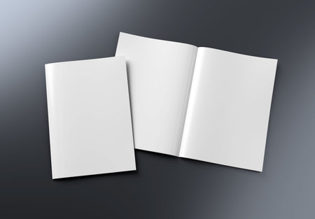 Magazine cover and open magazine mockup on gray background. Empty brochure template. 3D renderingの写真素材
