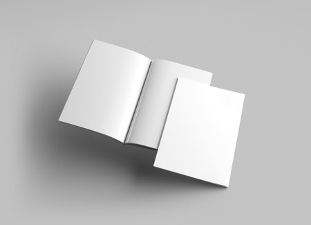 Isolated magazine cover and open magazine Mockup on white with soft shadows. 3D renderingの写真素材