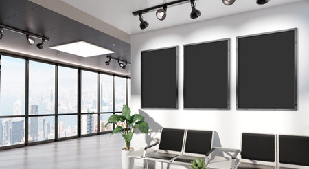 Three vertical frames Mockup hanging in concrete office waiting room. Mock up of billboards in modern concrete interior 3D renderingの写真素材