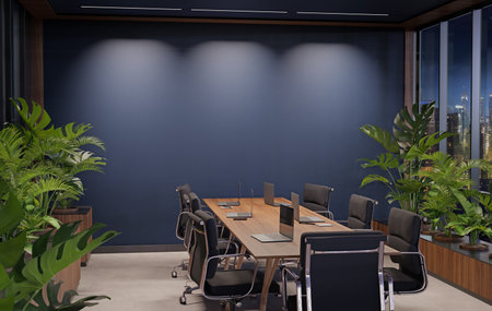 Empty blue office wall mockup at night with modern wooden furniture and tropical plants. 3D renderingの写真素材