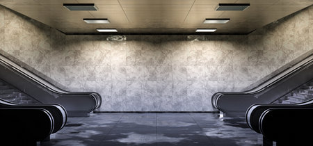 Realistic underground subway station Background with wet floors. Futuristic metro interior with glowing lights and escalators. 3D Renderingの写真素材