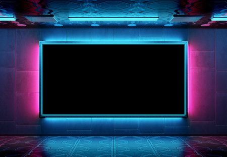 Futuristic panoramic billboard mockup with modern neon. Cyberpunk style frame interior template. 3D renderingの写真素材