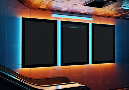 Three futuristic vertical billboard mockup with neon lights. Cyberpunk style frames interior template. 3D renderingの写真素材