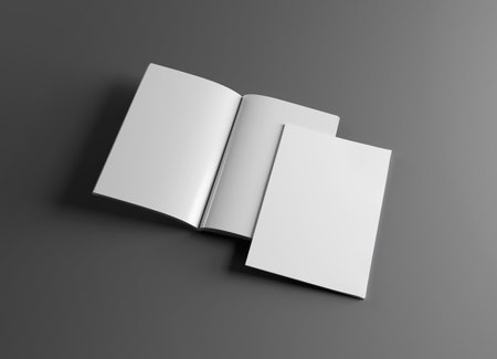 Isolated magazine cover and open magazine Mockup on gray with soft shadows. 3D renderingの写真素材