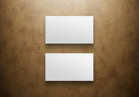 Two Minimalist business cards isolated on leather background Mockup. 3D renderingの写真素材