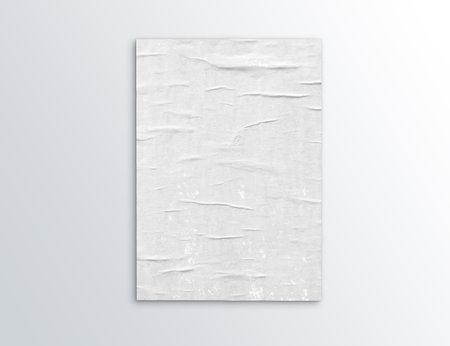 Blank vintage crumpled poster mockup on white background. Empty A4 paper sheet 3D renderingの写真素材