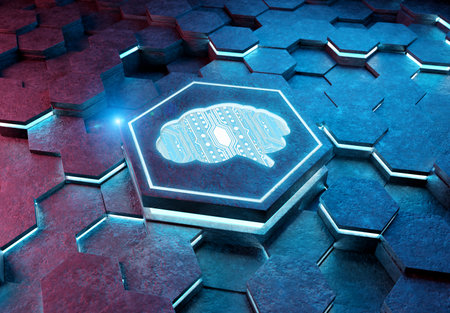 Brain icon concept engraved on blue and pink metal hexagonal pedestal background. Artificial intelligence symbol glowing on abstract digital surface. 3d renderingの写真素材