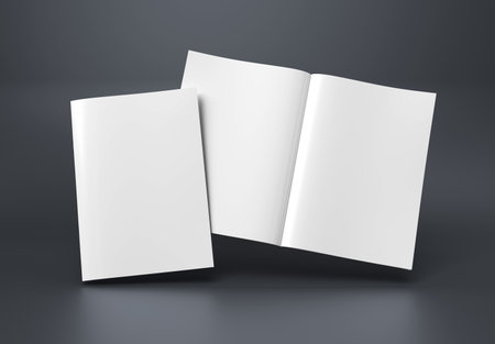 Magazine cover and open magazine mockup on gray background. Empty brochure template. 3D renderingの写真素材