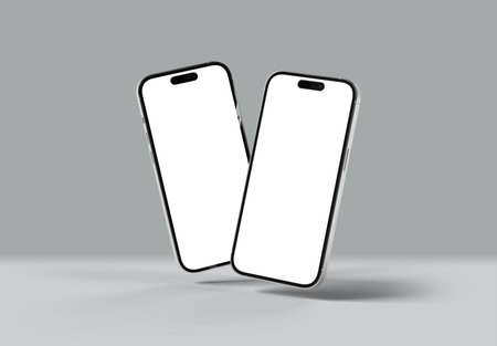 PARIS - France - March 20, 2025: Apple smartphone, Iphone 16 pro max silver color. Two mobile phones mockup floating on gray. 3d renderingの写真素材