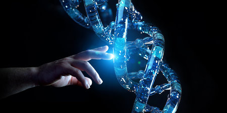 Man hand touching DNA digital hologram scan on dark blue background. Generative ai DNAの素材