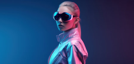 Beutiful futuristic woman illuminated with blue and pink studio light. Cyberpunk portrait style. Large copyspace. Generative aiの素材