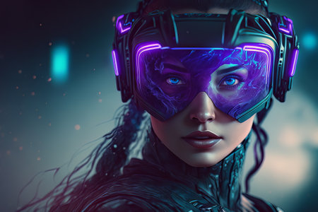 Beautiful futuristic woman using virtual reality glasses in the Metaverse. Girl with VR device and digital elements around her head. Generative aiの素材