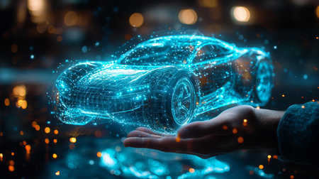 Man holding digital modern smart car hologram in his hands. Engineer using blue car interface on dark blurred background. Generative aiの素材