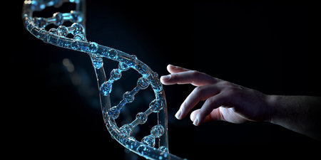 Scientist hand touching DNA digital hologram scan on dark blue background. Generative ai DNAの素材