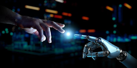 Man hand connecting to a robot on dark technological background with a blue halo at center. Generative ai cyborg handの素材