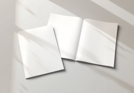 Isolated magazine cover and open magazine Mockup on white background with soft shadows. 3D renderingの写真素材