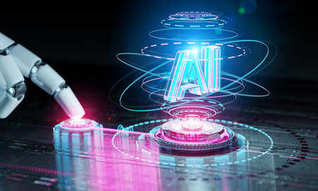 Robotic hand touching digital button activating ai holographic interface. Artificial Intelligence concept. 3D renderingの写真素材