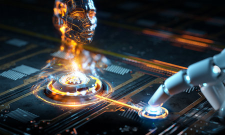 Robotic hand activating digital button with holographic interface showing ai robot face. Artificial intelligence and future tech concept. 3D rendering. Generative Ai headの素材