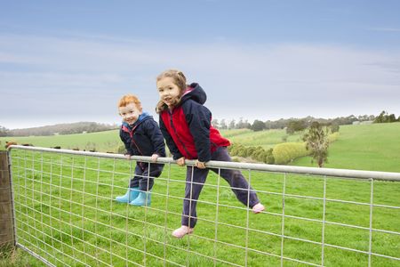 Young boy and girl on farm gate with rural farm backgroundの写真素材