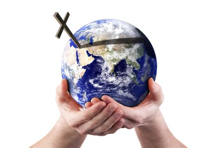 Hands holding world with cross. Isolated on white. Religious concept. Earth image courtesy of NASA.の写真素材