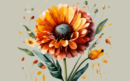 Hand drawn watercolor illustration of orange chrysanthemum flower.のイラスト素材