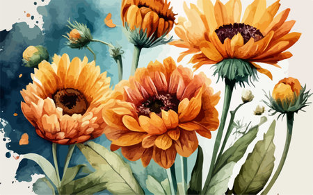 Hand drawn watercolor illustration of orange chrysanthemum flowers.のイラスト素材