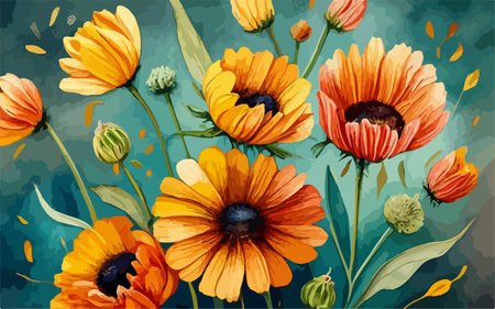 Seamless pattern with orange and yellow flowers on grunge backgroundのイラスト素材