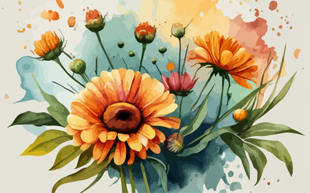 Vector illustration of a bouquet of calendula flowers with watercolor splashesのイラスト素材