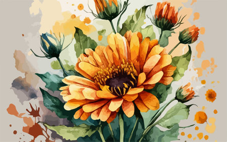 Hand drawn vector illustration of orange gerbera with watercolor splashes.のイラスト素材