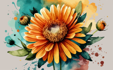 Hand drawn watercolor illustration of a yellow gerbera flower.のイラスト素材