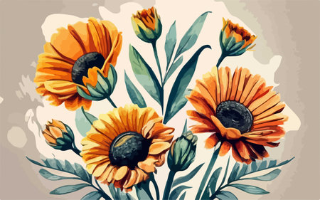 Hand drawn watercolor illustration of orange and yellow sunflowers.のイラスト素材