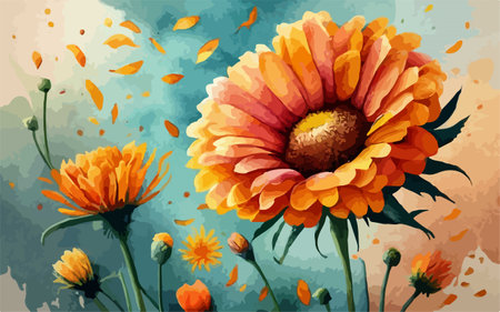 Illustration of a floral background with a daisy and a calendulaのイラスト素材