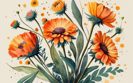 Hand drawn bouquet of orange calendula flowers, vector illustrationのイラスト素材