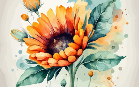 Sunflower vector illustration. Hand drawn watercolor floral background with sunflower.のイラスト素材