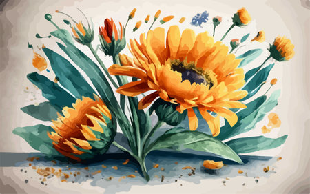 Watercolor bouquet of sunflowers on a white background.のイラスト素材