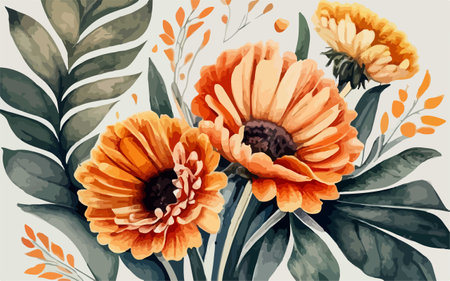 Watercolor floral background with gerbera flowers. Hand drawn illustrationのイラスト素材