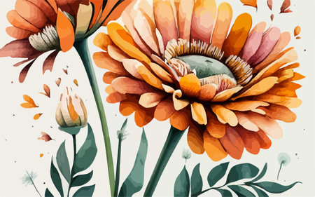 Vector hand drawn floral background with orange gerbera flowers and leavesのイラスト素材