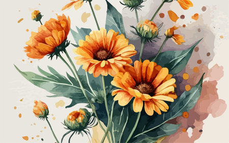 Hand drawn watercolor illustration of calendula flowers. Vector.のイラスト素材